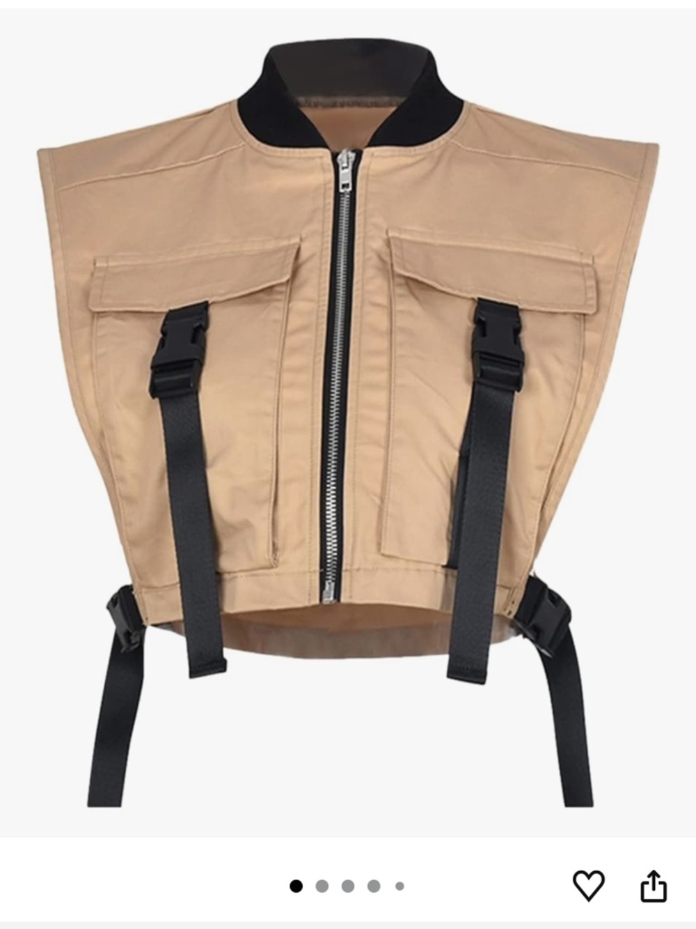 Khaki Cargo Buckle Crop Vest Utility Zip Up Sleeveless Jacket Streetwear
